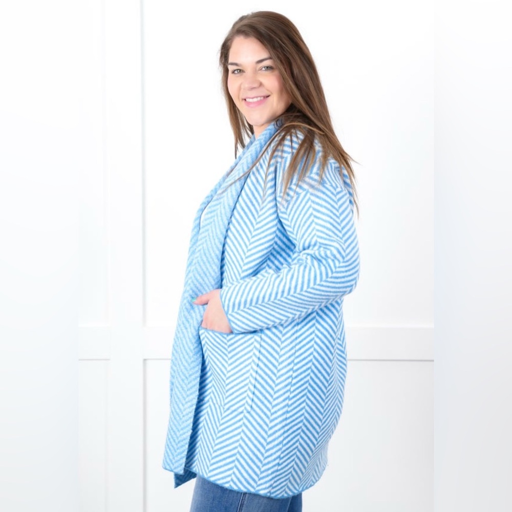 Camille - Blue/White Chevron Women's Open Front Cardigan Sweater - size S - Picture 2 of 14